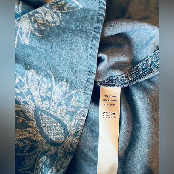 Chico's Women's flora Chambray Roll-tab 3/4 Sleeve Pullover Top Sz 3(XL/16) Blue - Picture 9 of 13